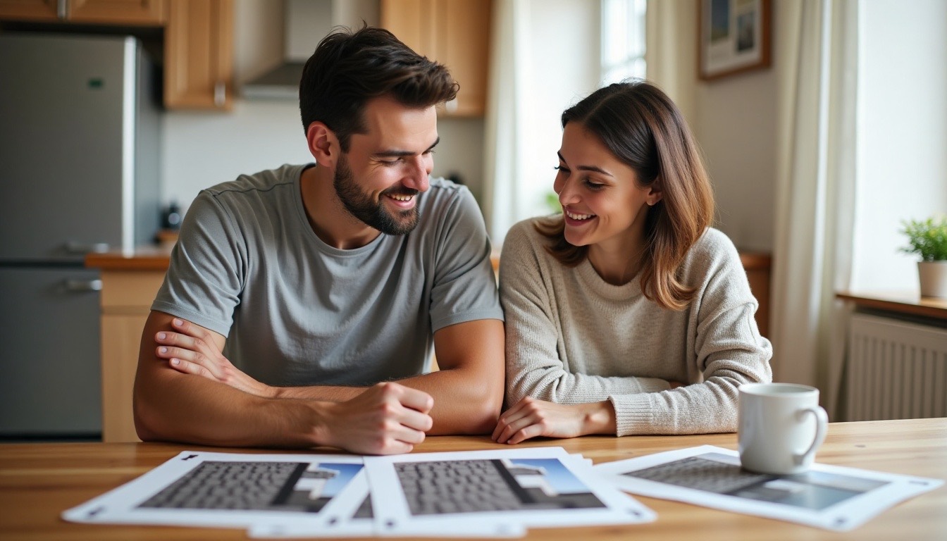 Roofer and homeowner going over roof photos at a kitchen table