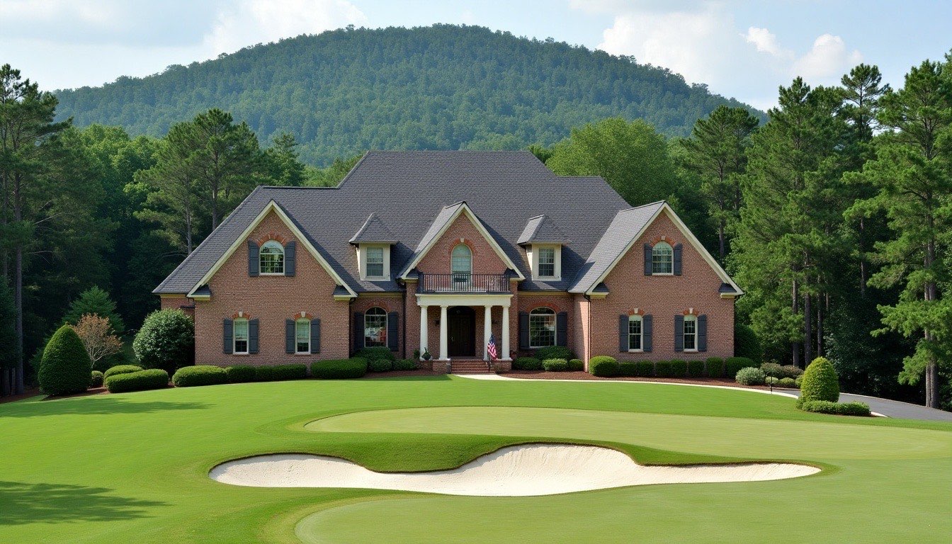 Large brick home with a steep roof beside a Hampton Cove fairway