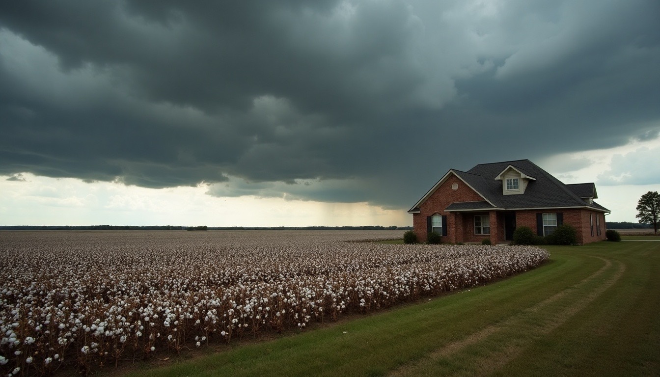 Brick home beside a cotton field under storm clouds in Harvest