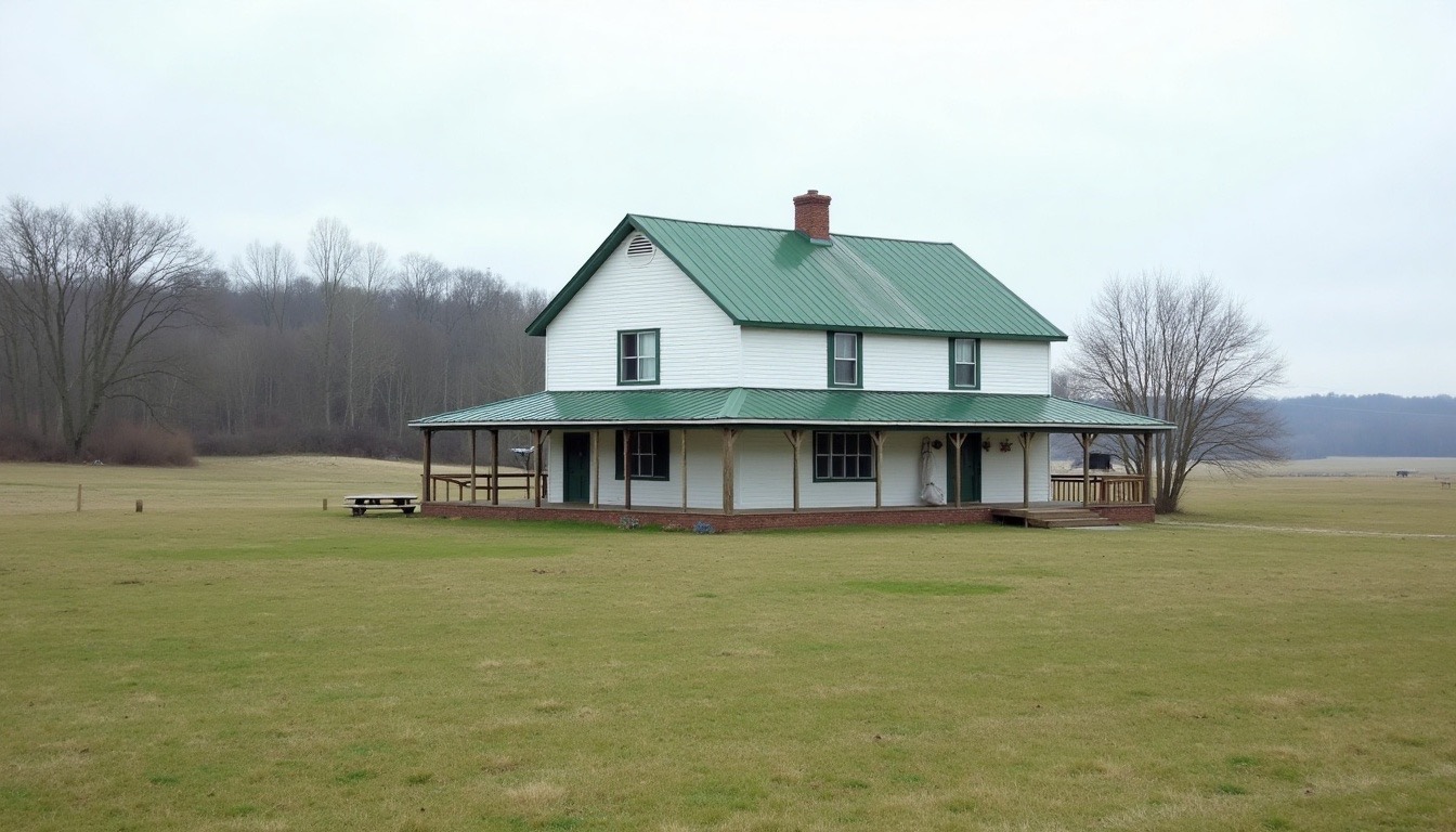 White farmhouse with a green metal roof near Hazel Green