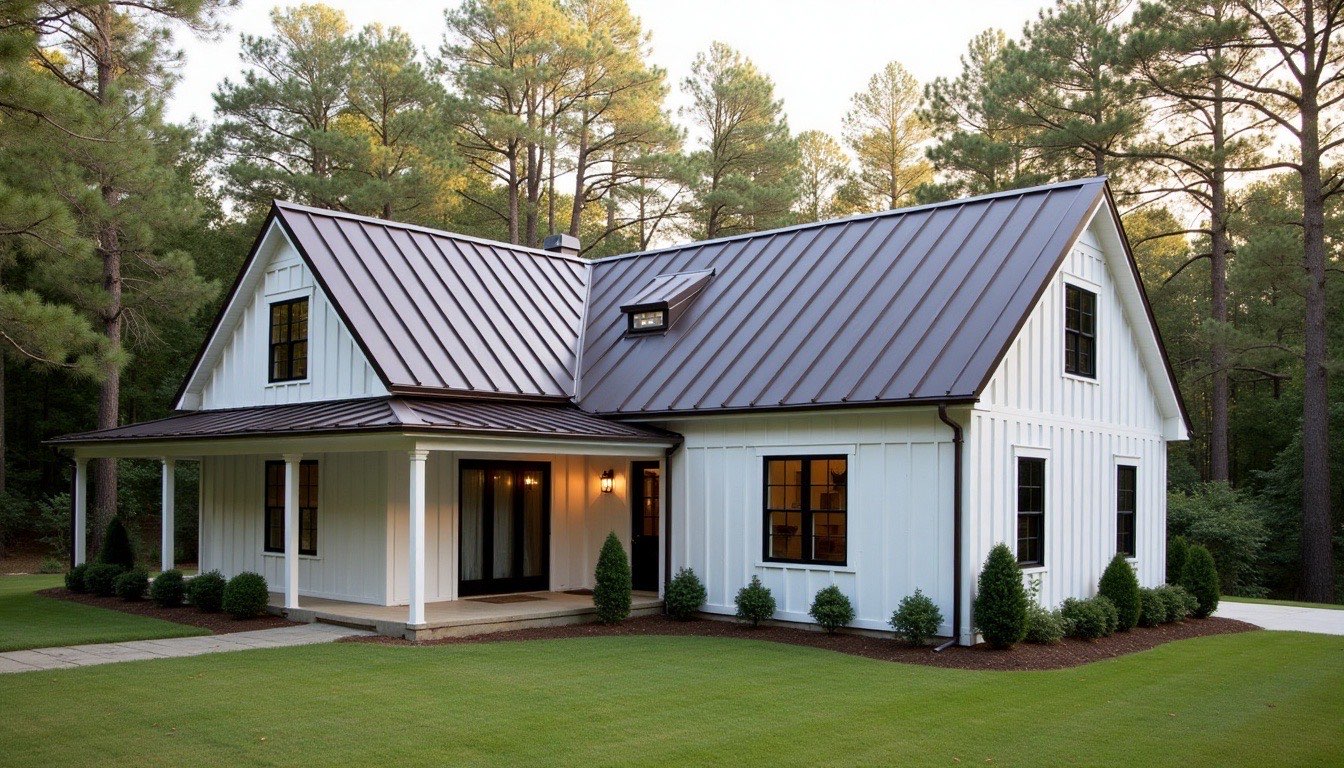 Bronze standing seam metal roof on a farmhouse-style home