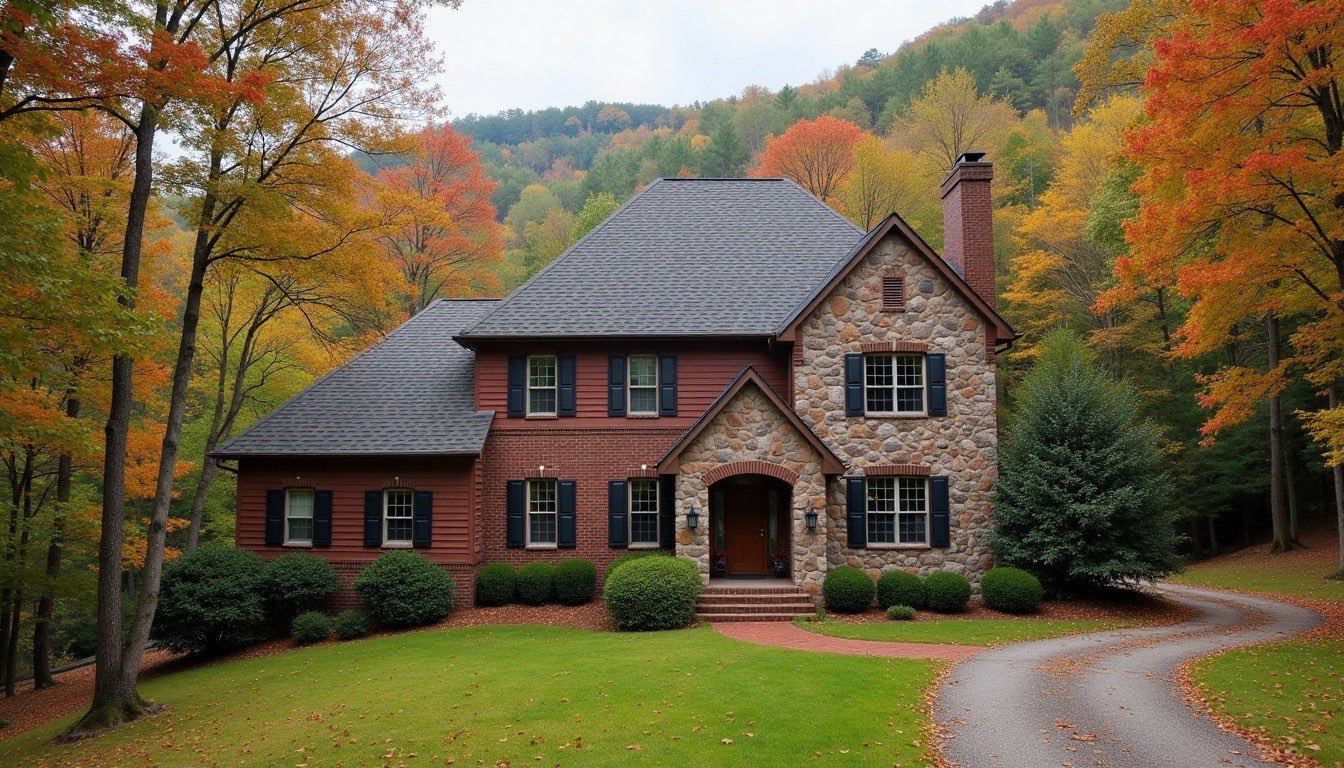 Brick and stone home below a wooded ridge in Owens Cross Roads