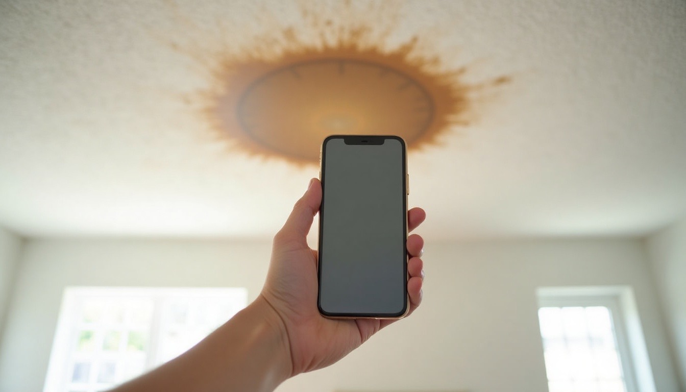 Homeowner photographing a ceiling water stain