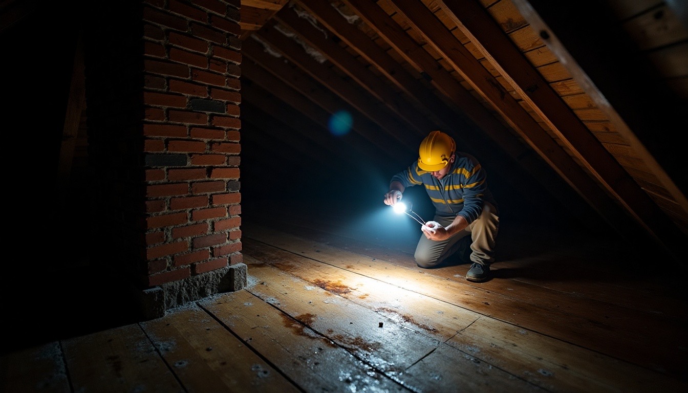 Roofer checking water-stained attic decking with a flashlight