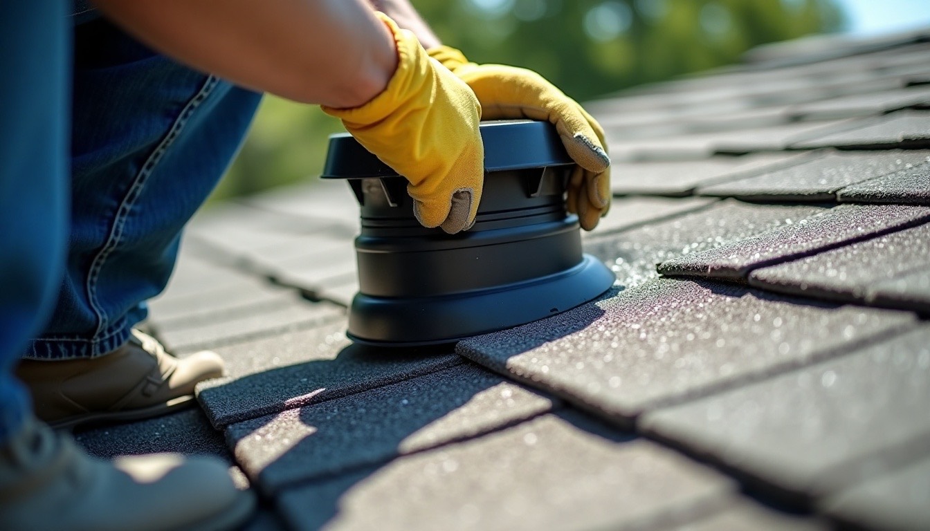 Roofer replacing a pipe boot on a shingle roof