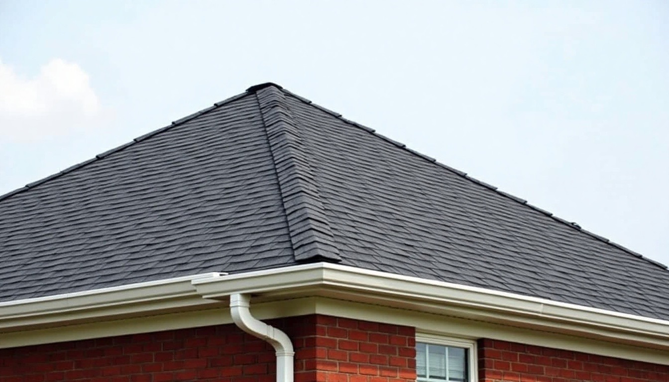 New charcoal architectural shingles on a brick home