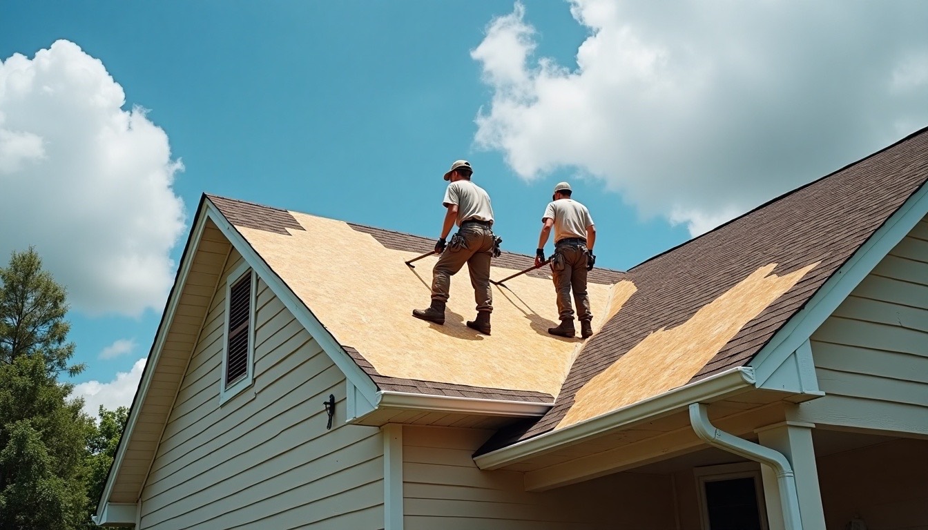 Crew tearing old shingles off a two-story home