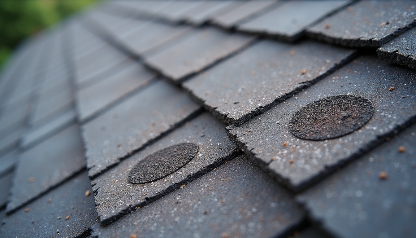 Hail bruises with missing granules on asphalt shingles