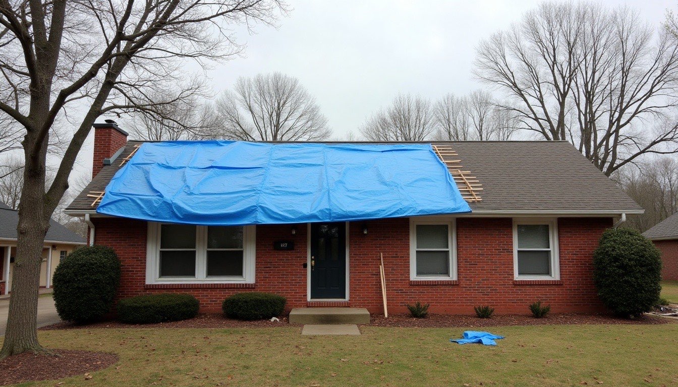 Blue tarp covering a storm-damaged roof on a brick ranch